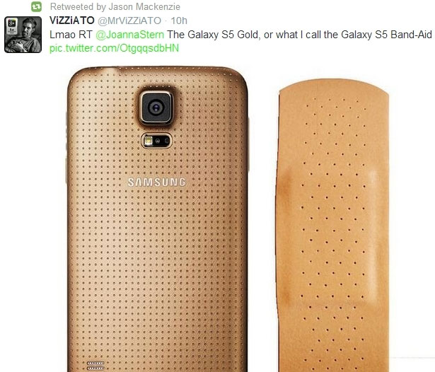htc exec retweets image of a gold Samsung Galaxy S5 compared to a band aid