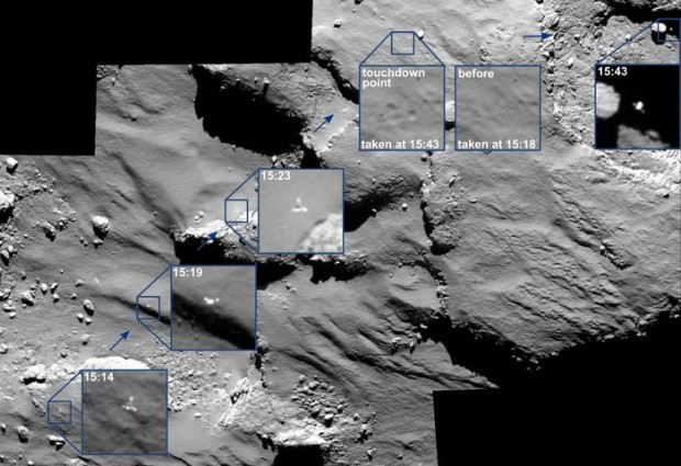 جزئیات فرود و برخوردهای فیله با سطح دنباله دار را با ذکر ساعت در تصویر بالا مشاهده می کنید. ( برای مشاهده تصویر در ابعاد اصلی بر روی آن کلیک کنید )