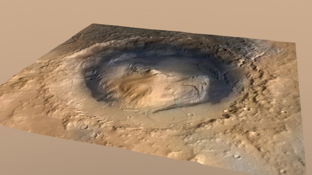 کاوشگر کنجکاوی، در اکتبر ۲۰۱۲ برای جستجوی سیاره سرخ در این نقطه روی تصویر در نزدیک دامنه ی کوه شارپ فرود آمد.