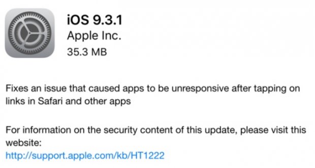 متن به‌روزرسانی iOS 9.3.1