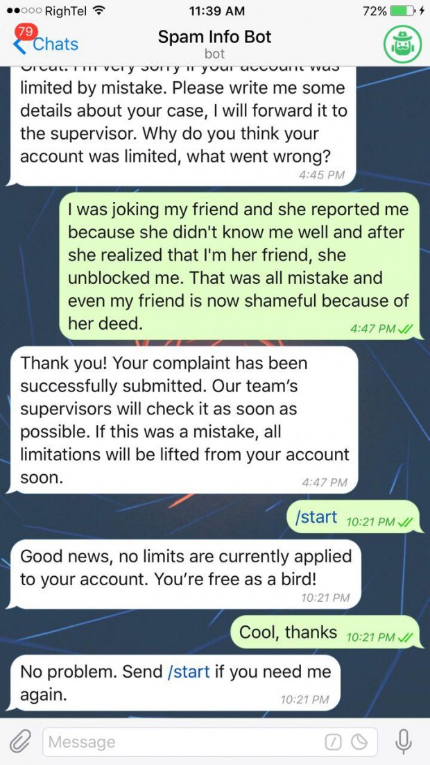 برطرف کردن ریپورت در تلگرام