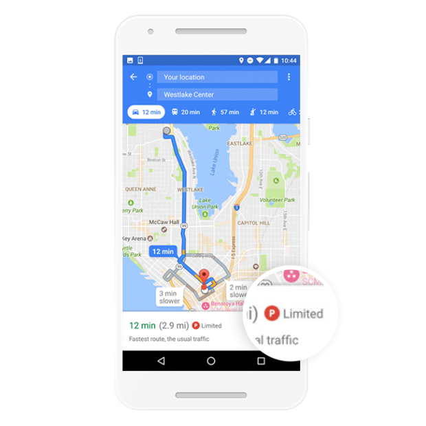 گوگل مپس در اندروید میزان سختی پارک کردن در مقصد را اعلام می‌کند