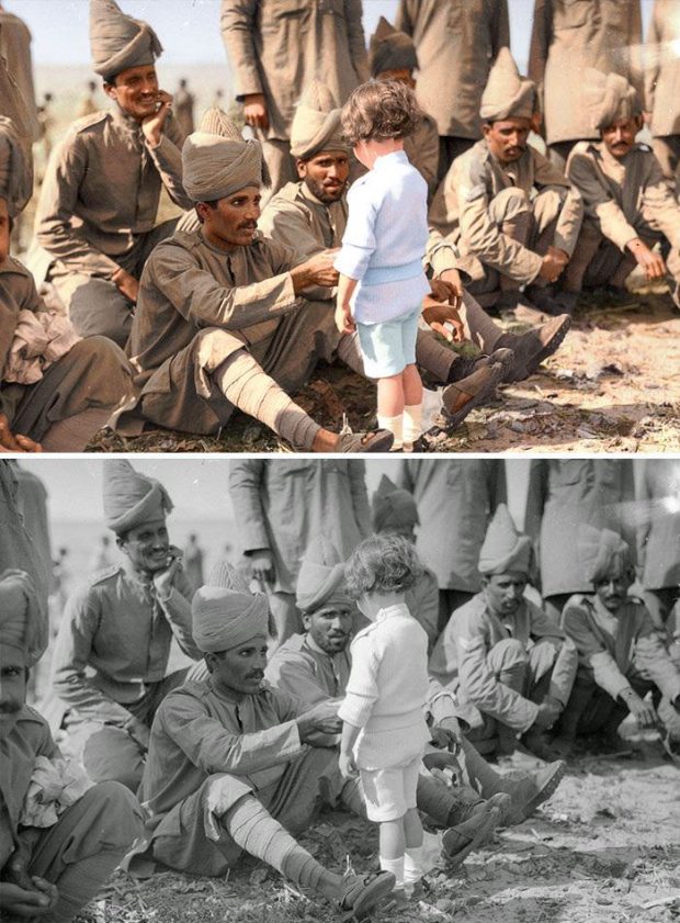 کودک فرانسوی در کنار سربازان هند
