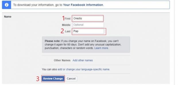 آموزش تغییر نام در فیس بوک