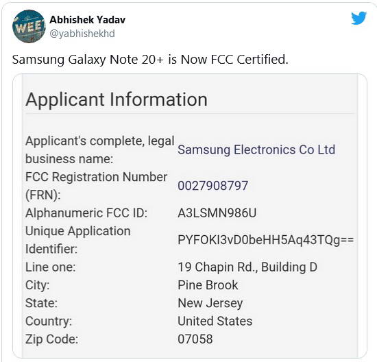 تأییدیه FCC توسط گلکسی نوت 20 پلاس