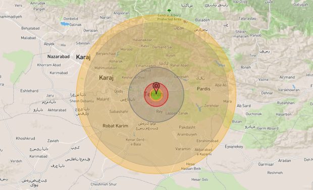 شعاع انفجار بمب اتم در تهران