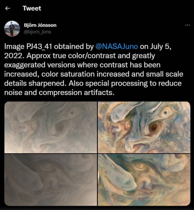 توییت دانشمند از تصویر سیاره مشتری با رنگ واقعی آن