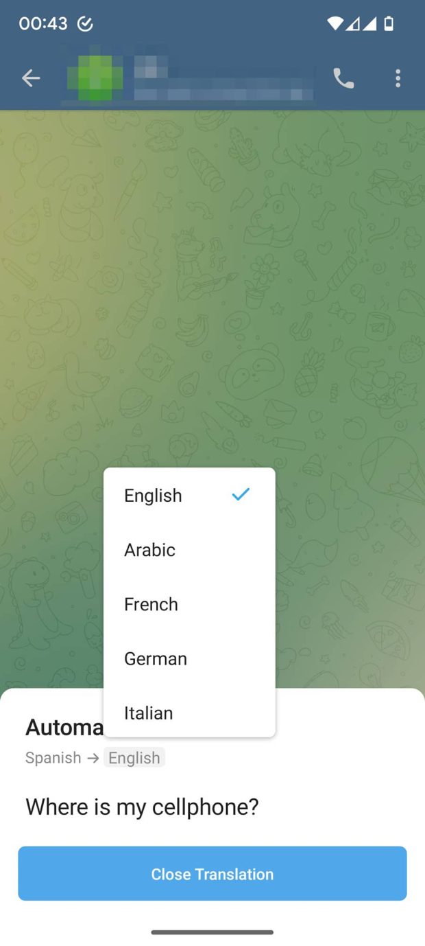 تغییر زبان مقصد در بخش ترجمه پیامرسان Telegram