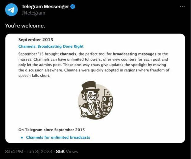 توییت تمسخرآمیز تلگرام برای قابلیت کانال واتساپ