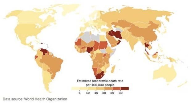 بیشترین و کمترین مرگ و میر تصادفات در جهان