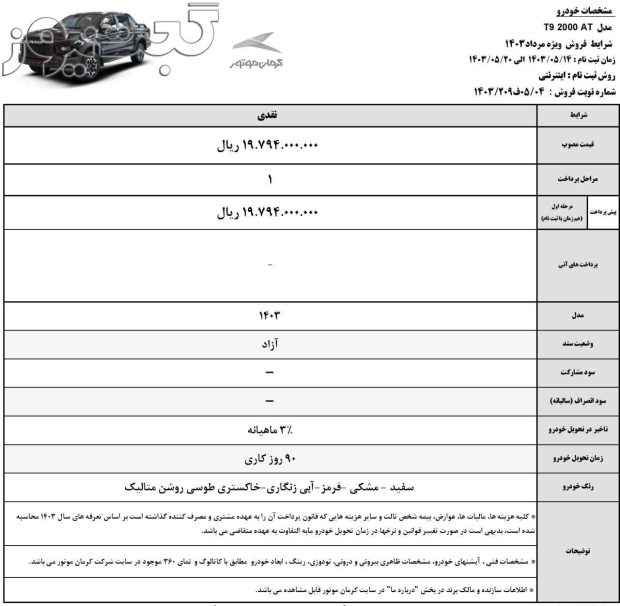 فروش نقد کی ام سی تی 9 مرداد 1403