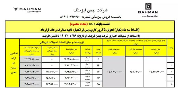 شرایط فروش اقساطی کشنده بایک