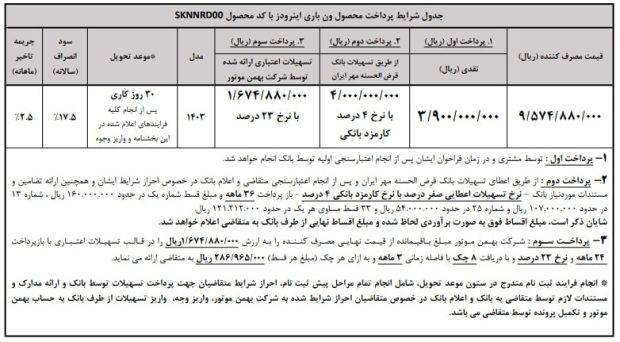 شرایط فروش اقساطی ون بهمن اینرودز