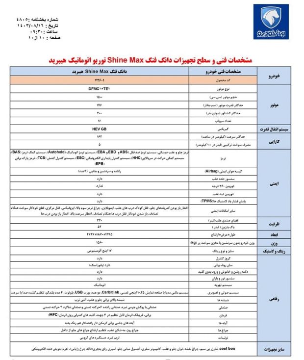 کاتالوگ شاین مکس هیبریدی ایران خودرو