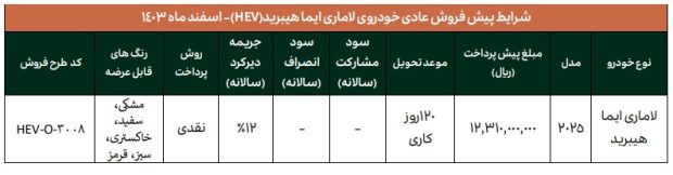 شرایط پیش فروش لاماری ایما هیبرید