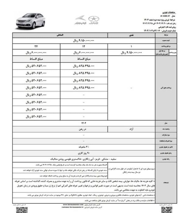 شرایط فروش نقد و اقساط جک J4