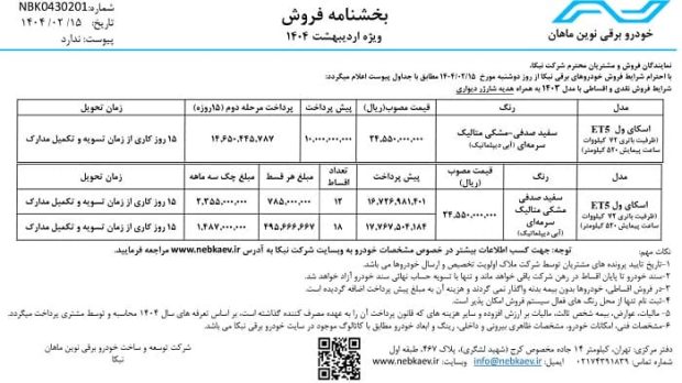 شرایط فروش نقد و اقساط اسکای ول ET5