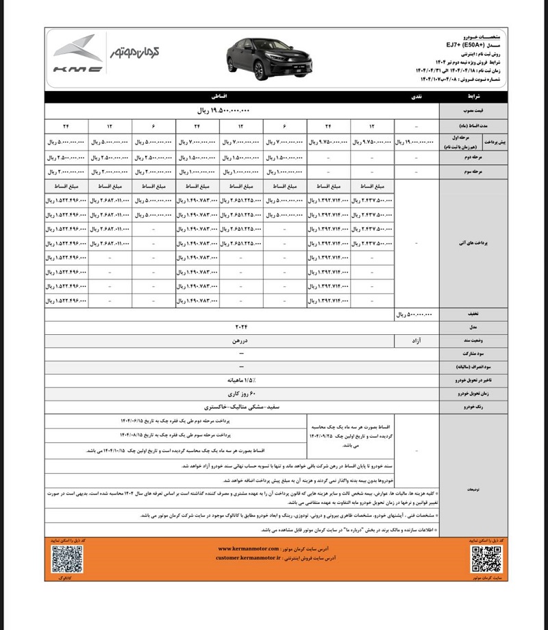 شرایط فروش نقد و اقساط کی ام سی EJ7