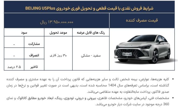 شرایط فروش سابرینا U5 پلاس