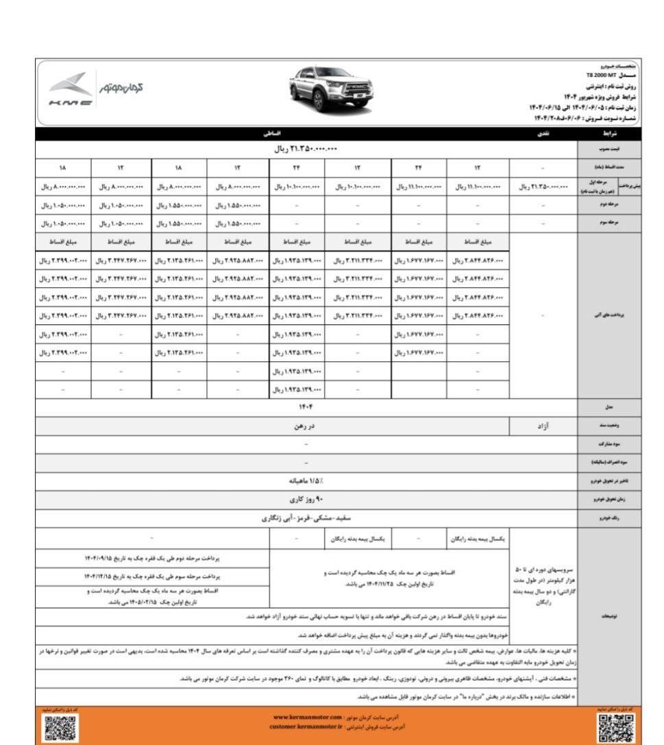 شرایط فروش نقد و اقساط پیکاپ کی ام سی T8