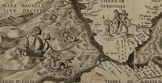 نقشه باستانی آمریکا و سرزمین غول‌ها و پری‌های دریایی