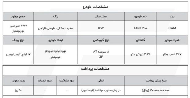 شرایط فروش تانک 300