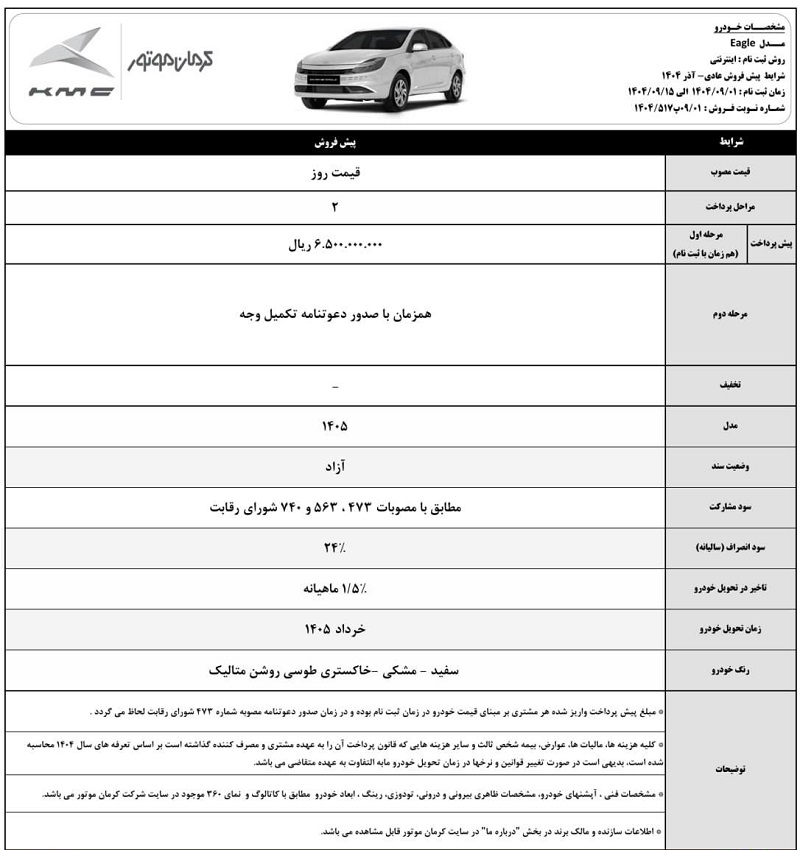 شرایط پیش فروش کی ام سی ایگل