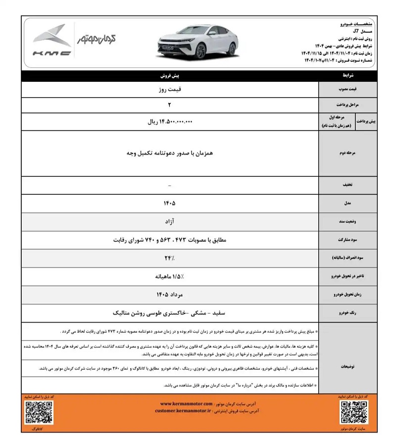 شرایط پیش فروش کی ام سی J7