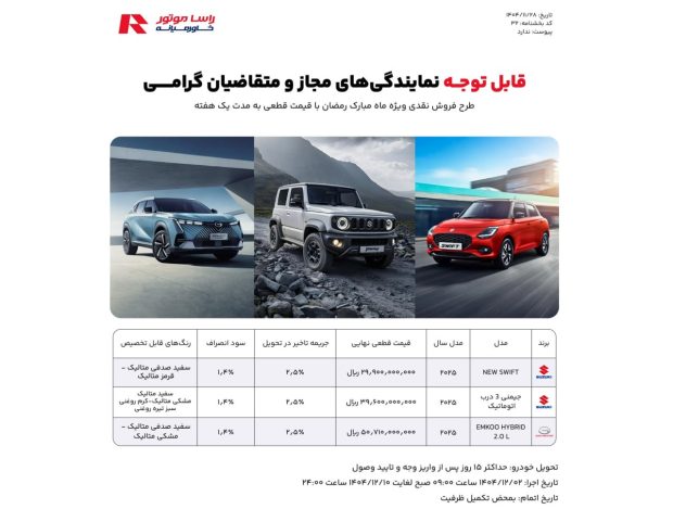 شرایط فروش سوزوکی جیمنی، سوییفت و امکو هیبرید