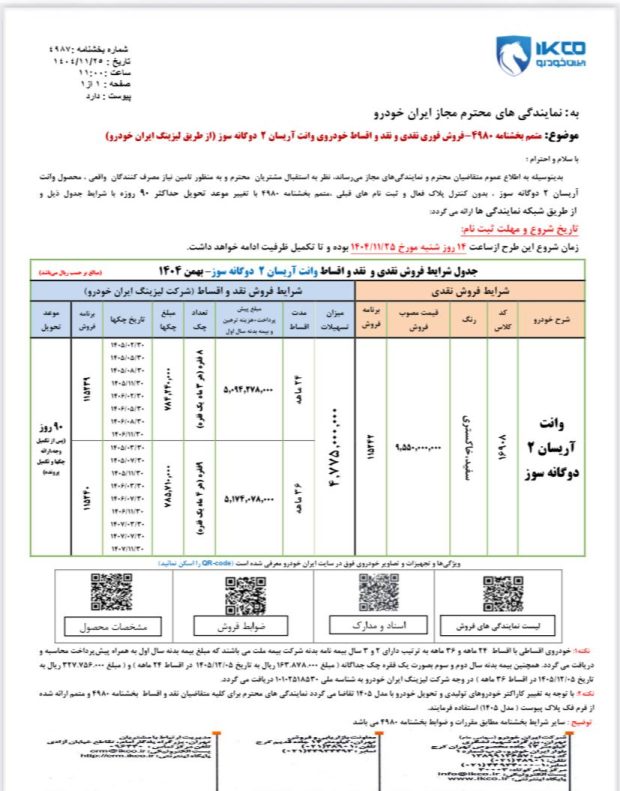 شرایط فروش نقد و اقساط وانت آریسان 2 دوگانه سوز