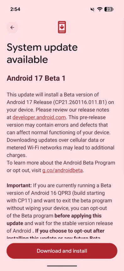 نسخه آزمایشی اندروید 17