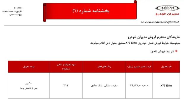شرایط فروش و قیمت جدید ام وی ام X77