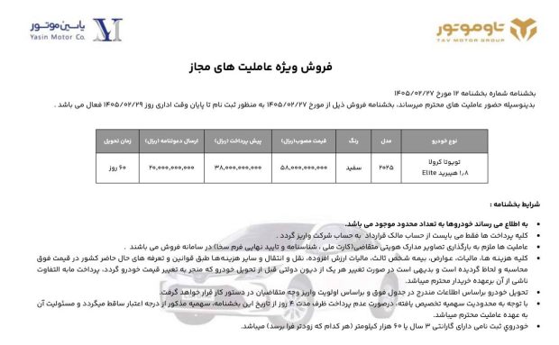 شرایط فروش تویوتا کرولا هیبرید 2025