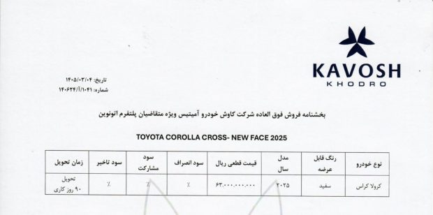 شرایط فروش تویوتا کرولا کراس نیوفیس 2025