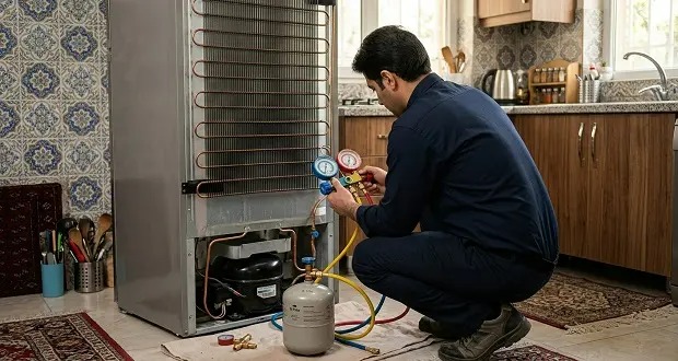 تعمیرکار یخچال در حال ارائه خدمات تعمیر یخچال اصفهان در محل