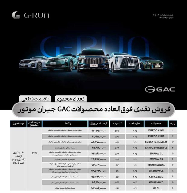 فروش خودروهای GAC جیران موتور