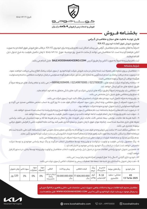 شرایط فروش و قیمت کیا K5 و اسپورتیج