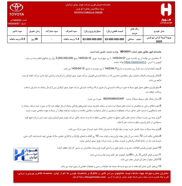 شرایط فروش تویوتا کرولا کراس نیوفیس 2025