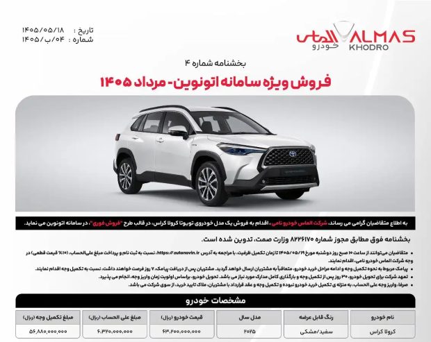 شرایط فروش تویوتا کرولا کراس