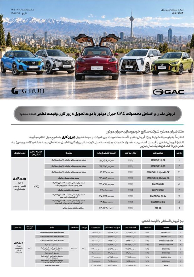 شرایط فروش نقد و اقساط محصولات جیران موتور