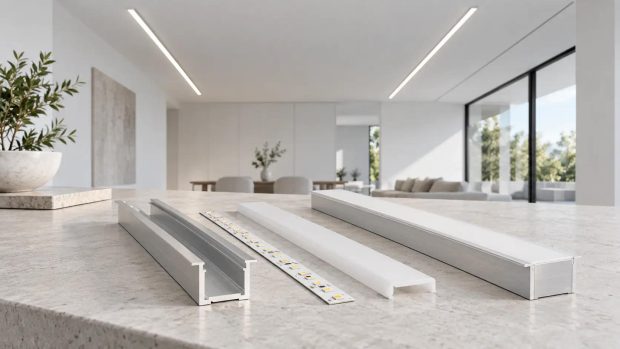پروفیل آلومینیومی، نوار LED و دیفیوزر با نمای نور خطی توکار در سقف سفید