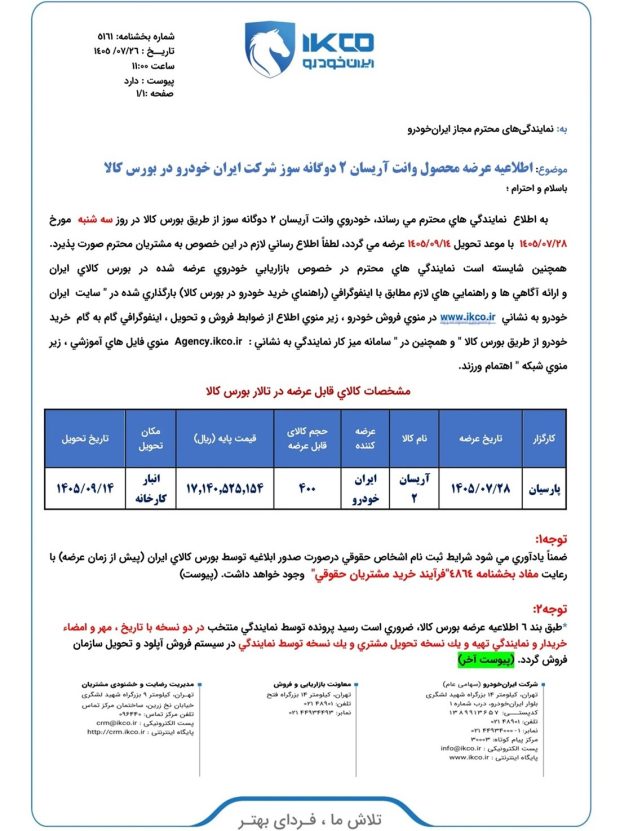 فروش آریسان ۲ در بورس کالا