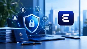 آیکون‌های مجازی نشان دهنده امنیت در کنار لوگوی پلتفرم اکوتراست