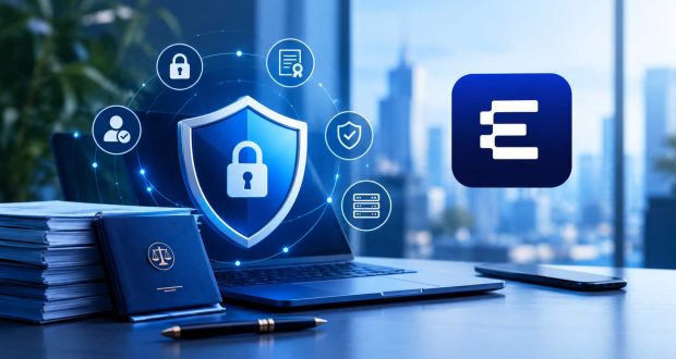 آیکونهای مجازی نشان دهنده امنیت در کنار لوگوی پلتفرم اکوتراست